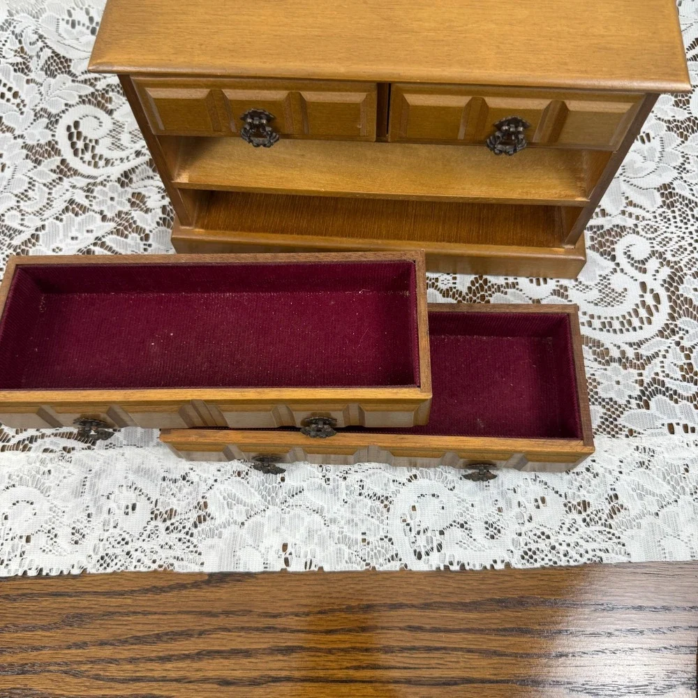 Vintage Wood Miniature Dresser Jewelry Music Box 4 Drawer Red Velvet Lining MCM